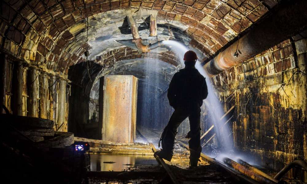 The backside of a person standing in the tunnel of a mine. Water spews out of a pump from the top of the tunnel.