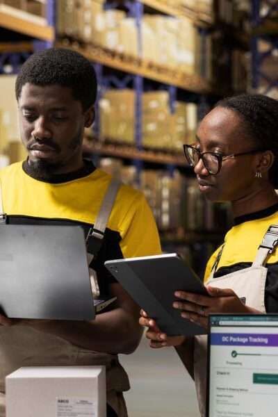 Two warehouse workers reviewing inventory using laptop and tablet, standing among shelves filled with boxes.