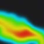 A black abstract background with neon gradient spots and noisy texture forming a heat map pattern in pink, orange, and blue.