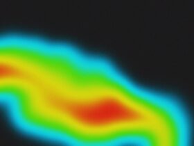 A black abstract background with neon gradient spots and noisy texture forming a heat map pattern in pink, orange, and blue.