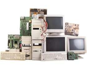 Collection of vintage computer hardware including towers, monitors, keyboards, and loose motherboards on white background.
