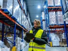 A woman in a cold storage warehouse checking on the inventory with a tablet. She is wearing a heavy coat to keep warm.