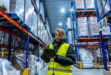 A woman in a cold storage warehouse checking on the inventory with a tablet. She is wearing a heavy coat to keep warm.