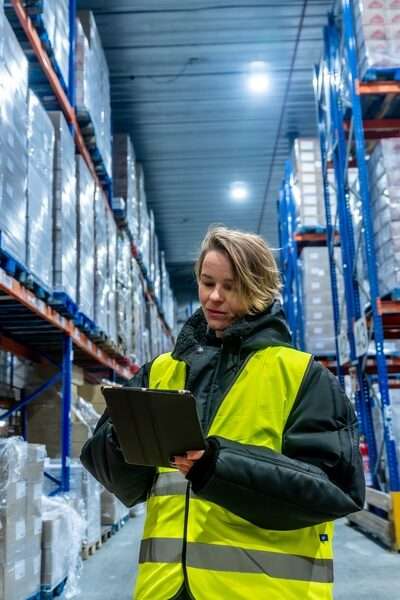 A woman in a cold storage warehouse checking on the inventory with a tablet. She is wearing a heavy coat to keep warm.