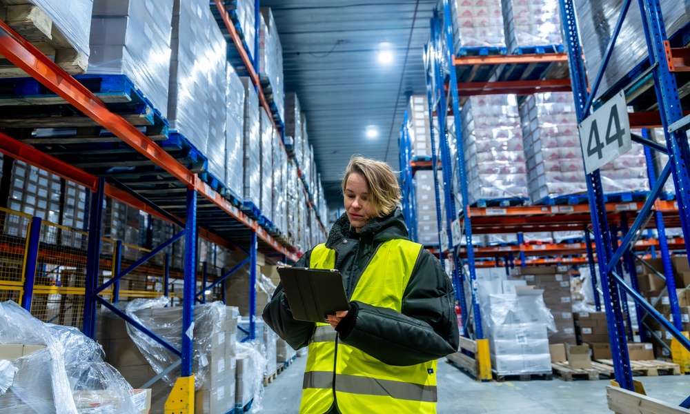 A woman in a cold storage warehouse checking on the inventory with a tablet. She is wearing a heavy coat to keep warm.