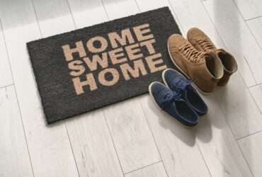 A pair of navy blue sneakers and a pair of brown boots sit on a mat on a tile floor that reads "Home Sweet Home."