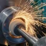 A piece of metal machinery is shooting off orange sparks in a radial pattern. There is a shaft inserted into the metal machine.