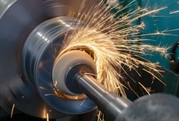 A piece of metal machinery is shooting off orange sparks in a radial pattern. There is a shaft inserted into the metal machine.