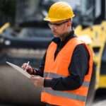 A worker wearing a hard hat, safety vest, and safety glasses while writing on a clipboard. There's a large machine behind him.