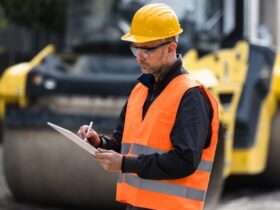 A worker wearing a hard hat, safety vest, and safety glasses while writing on a clipboard. There's a large machine behind him.