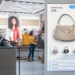 A large digital display screen set up in a retail store. The screen is showing the price and color options for a handbag.