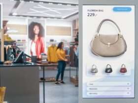 A large digital display screen set up in a retail store. The screen is showing the price and color options for a handbag.