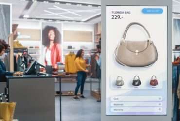 A large digital display screen set up in a retail store. The screen is showing the price and color options for a handbag.