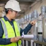 A man wearing a bright yellow safety vest and a white hard hat holds a clipboard and inspects gas cylinders.