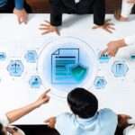 A group of people standing around a table with document and shield icons, pointing at a blue compliance graphic.