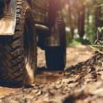 Heavy-duty off-road vehicle tires push through a muddy forest trail flanked by dense brush and wet terrain.