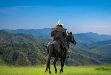 A person in a light hat riding a dark horse on a grassy hill with forested mountains beneath a blue sky.