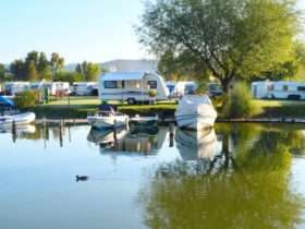 A waterfront campground lines the shore with travel trailers and boats as a large tree reflects across the calm water.