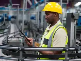 A man wearing a yellow hard hat and reflective vest using a tablet beside curved conveyors and machinery.