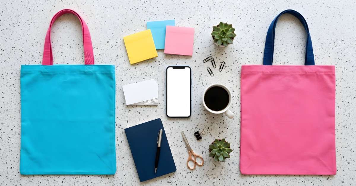 A collection of company swag sits on a white surface. There are tote bags, notebooks, pens, and note pads.