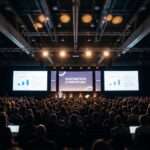 An auditorium filled with people attending a corporate event. There's a person at a podium in front of large projection screens.