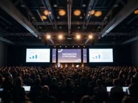 An auditorium filled with people attending a corporate event. There's a person at a podium in front of large projection screens.