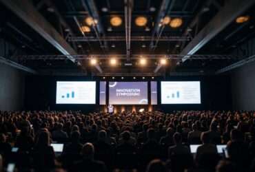An auditorium filled with people attending a corporate event. There's a person at a podium in front of large projection screens.
