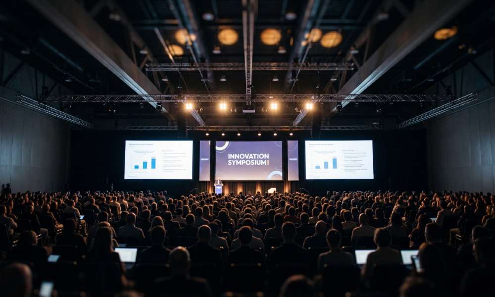 An auditorium filled with people attending a corporate event. There's a person at a podium in front of large projection screens.