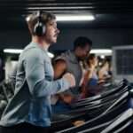 A man wearing headphones running on a treadmill in a gym beside other people using exercise machines.
