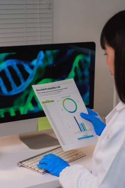 A female lab scientist at the work desk in front of a monitor, reading the results to the lab test she ran.