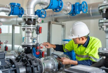 A technician in a hard hat holding a tablet while checking a pressure gauge among industrial pumps, pipes, and valves.