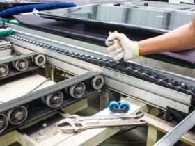 A close-up of a man's arm with a white glove using pliers to grip the exposed chain of a conveyor belt.