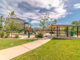 A children's playground sits next to a covered picnic area. A concrete path leads to the seating area and playground.