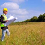 An older man is standing in a field. He’s holding a large piece of paper and wearing a yellow hard hat.