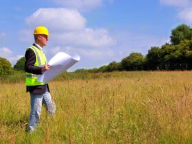 An older man is standing in a field. He’s holding a large piece of paper and wearing a yellow hard hat.