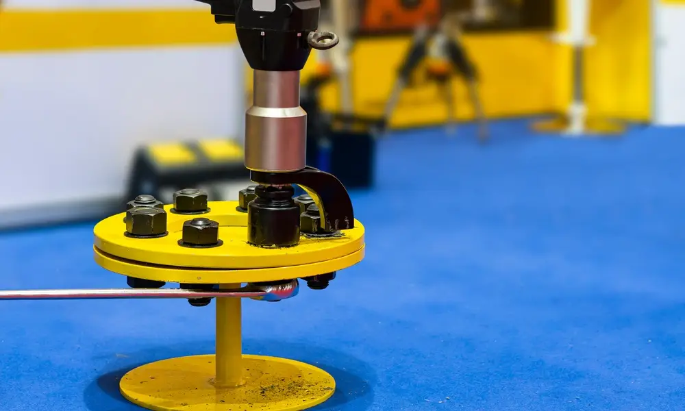 An electric torque wrench is tightening bolts on a yellow metal part with a silver wrench and a blue floor nearby.
