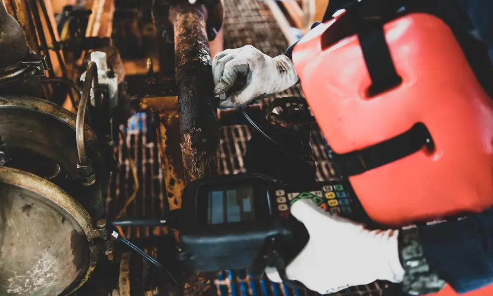 A worker inspects heavily corroded industrial pipes. An ultrasonic tool tests the remaining metal thickness.