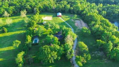 An aerial view shows a long service route linking two farmhouses, a group of storage sheds, and the surrounding acreage.