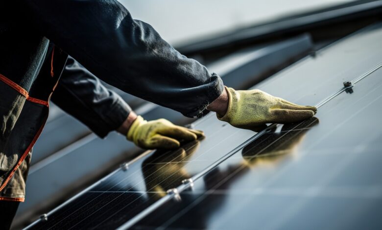 A worker wearing gloves is installing solar panels on a roof, with mounting rails and cloudy sky nearby.