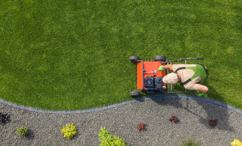 A landscaper pushing an orange lawn mower along the curved edge of a green lawn beside a gravel garden.