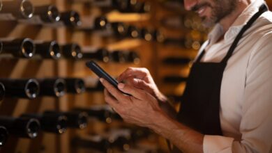 A close-up of the hands of a man holding a smartphone inside a cellar with multiple wine bottles placed on the wall.