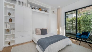 A bedroom with a Murphy bed in front of a large white wall shelf with a closet and multiple décor items on the left.
