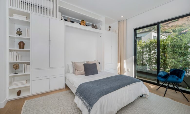 A bedroom with a Murphy bed in front of a large white wall shelf with a closet and multiple décor items on the left.