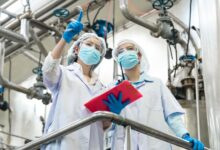 Two workers in masks, gloves, and white coats inspect industrial piping while one points and the other holds a tablet.