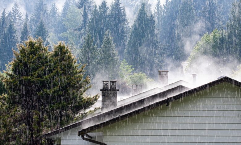 Strong rain falls on a house roof with steam rising near chimneys and tall evergreen trees in the background.